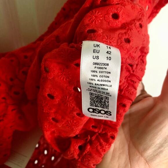 NWT ASOS Women's Red Orange Eyelet Off Shoulder Crop Top - Size 10 - Picture 3 of 7